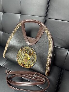 Western Deer Embossed Satchel Handbag Brown Black Crossbody Shoulder Bag